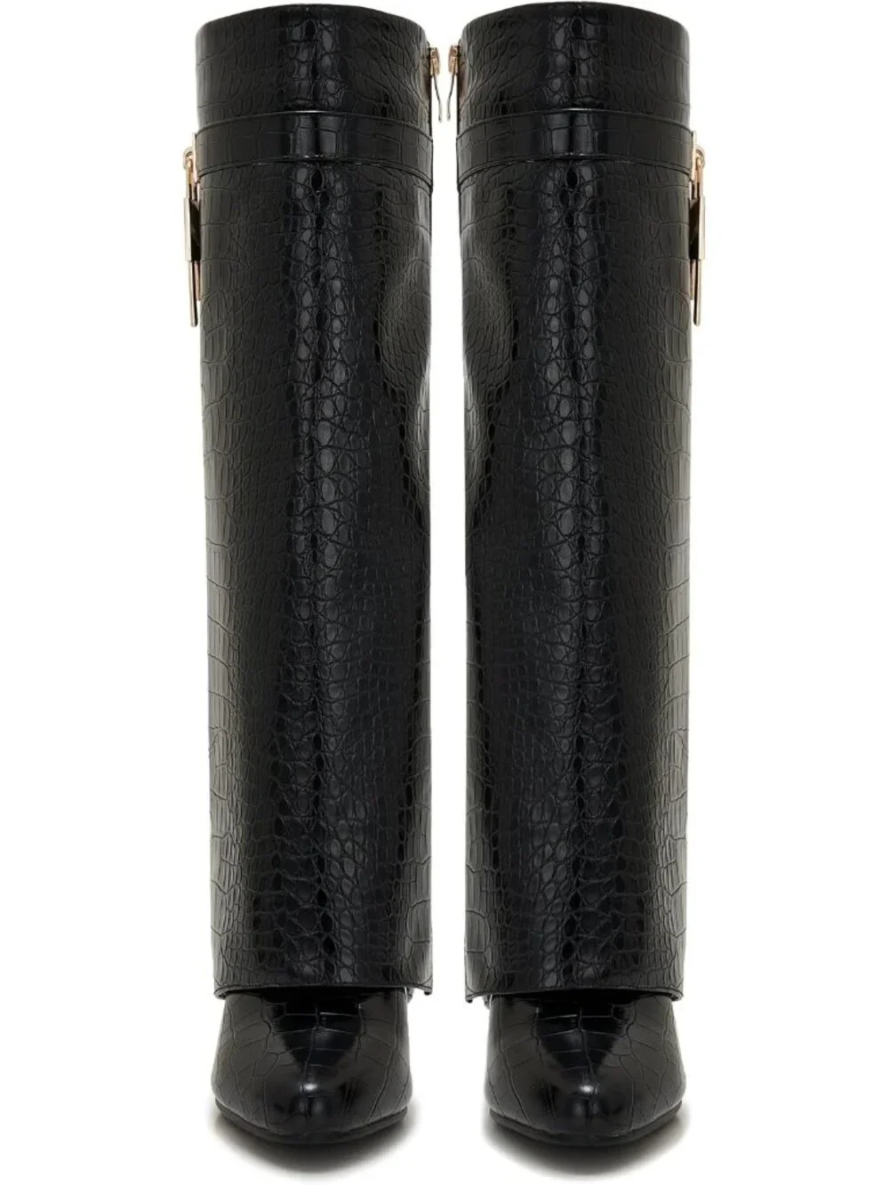 Women Black Crocodile 1 Pointed Toe Wedge Heel Side Zipper Knee High Shark Boots